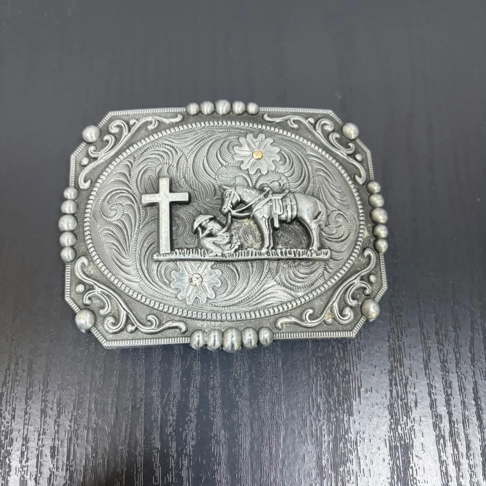 Mens Silver Western Belt Buckle Praying Cowboy Horse Cross Religious Rodeo Style